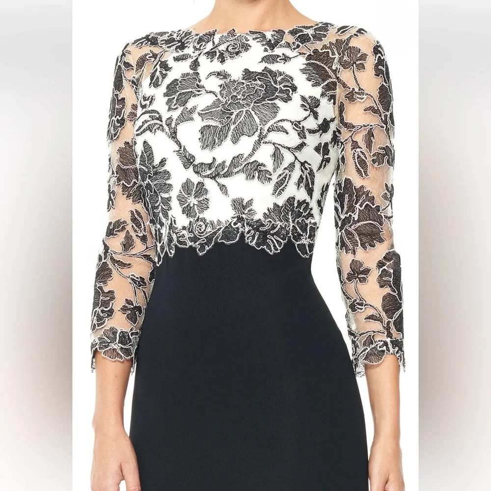 Tadashi Shoji Peony Embroidered Lace Top Black Ivory Gown Dress Size 16 - Picture 3 of 15